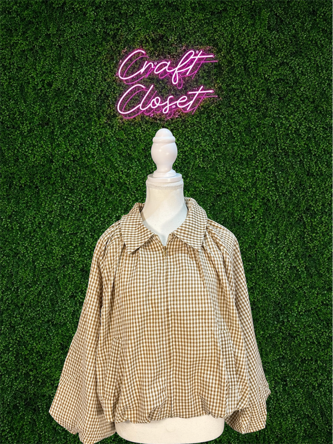 ENTRO Gingham Balloon Sleeve Jacket In Camel