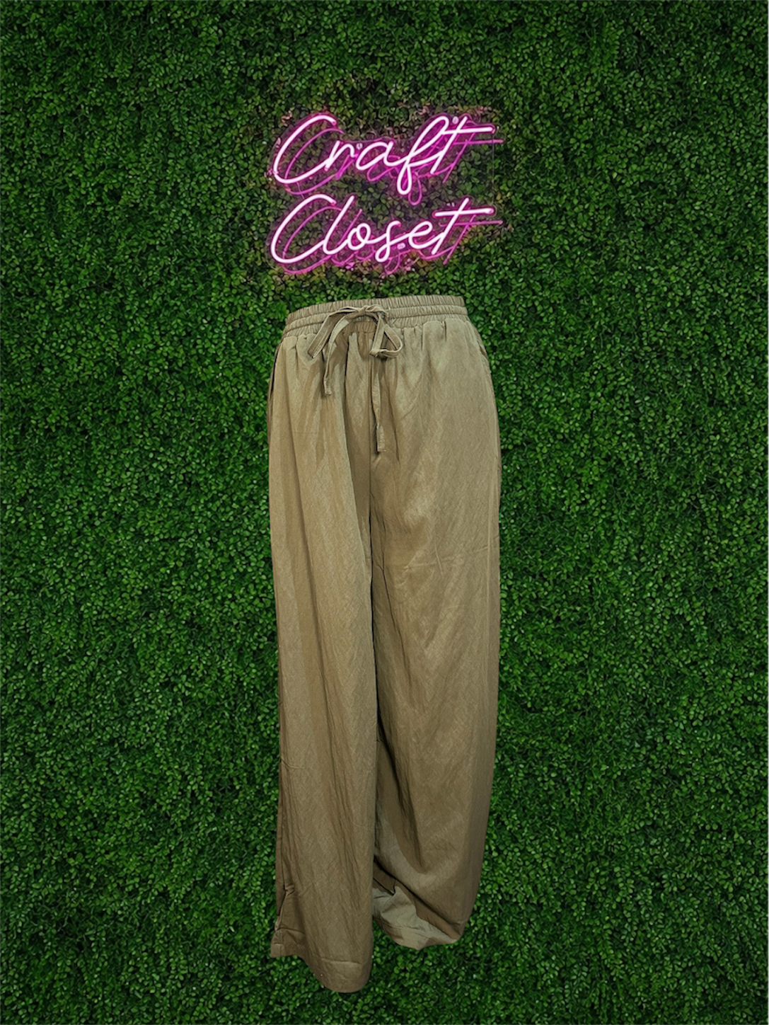 ENTRO Solid Drawstring Waist Linen Pant In Olive