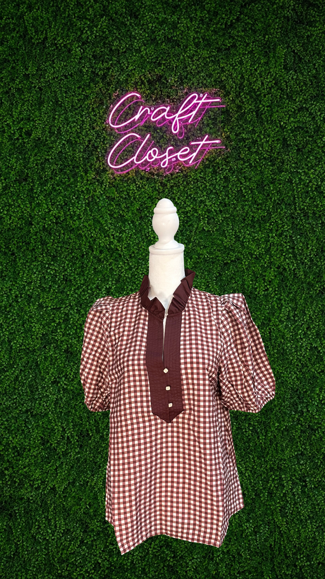 ENTRO Gingham Short Puff Sleeve Top In Red Bean