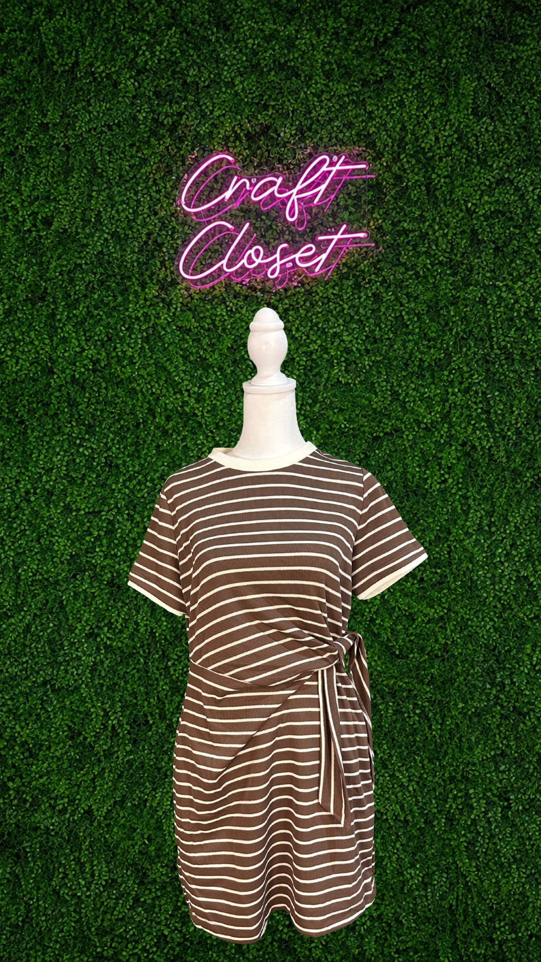 ENTRO Striped Print Mini Dress With Tie Waist In Brown