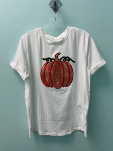 Barefoot Ladies #1449 White Sequined Thanksgiving Pumpkin Graphic Cuffed Sleeve T-Shirt