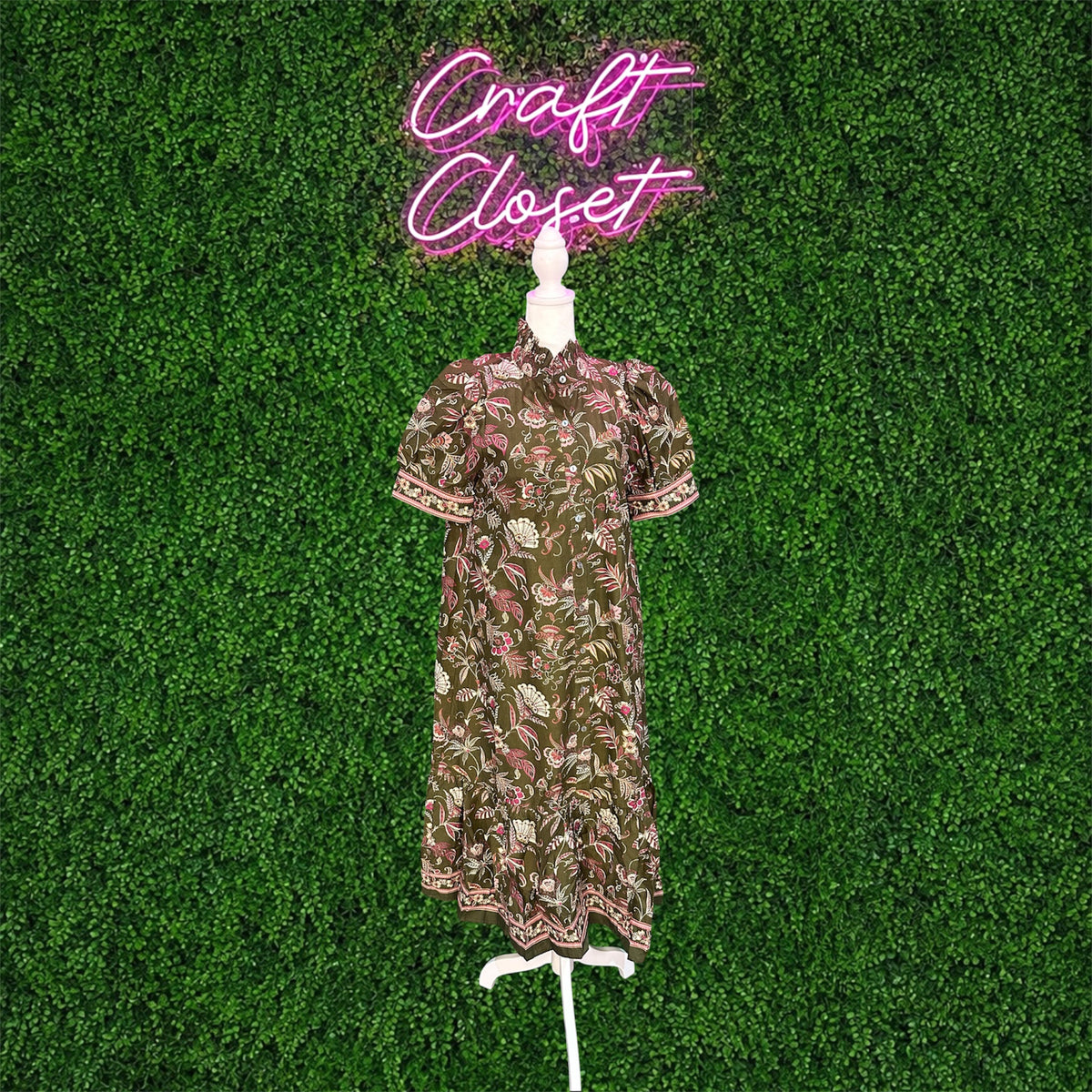 ENTRO Print Midi Dress With Ruffled High Neck And Border Print Detail In Olive