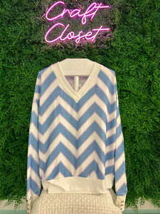 Barefoot Ladies #1475 Sky Blue Zigzag Striped Print V Neck Oversized Top