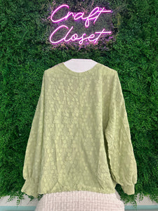 Barefoot Ladies #1468 Light Green Solid Color Textured Side Split Crew Neck Blouse