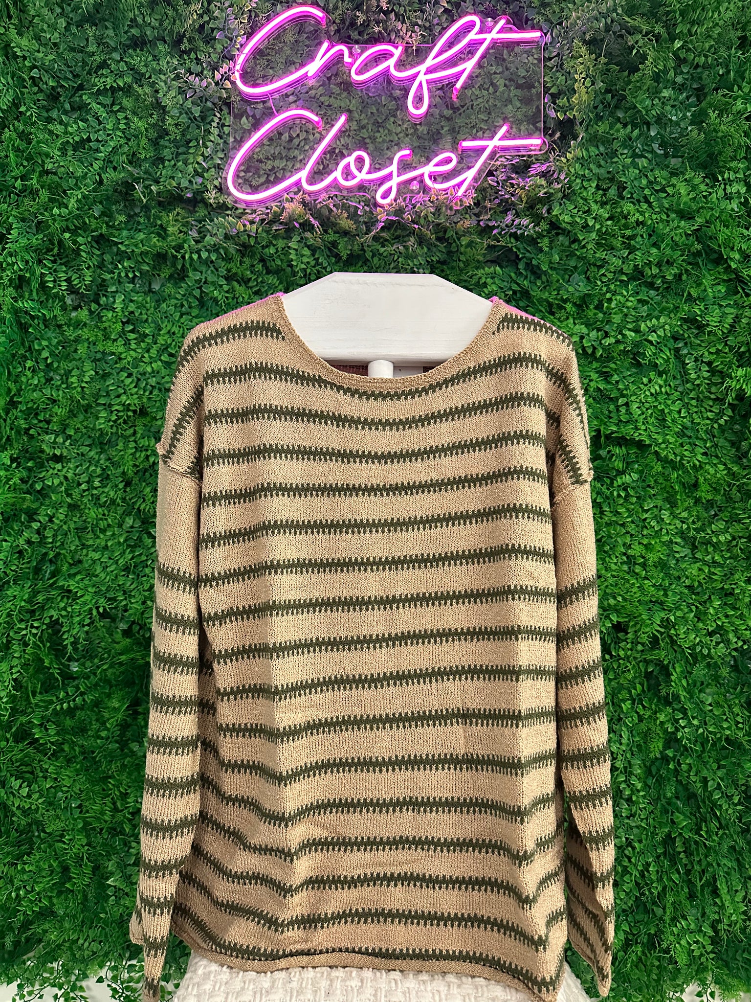 Barefoot Ladies #1484 Khaki Stripe Drop Shoulder Causal Sweater