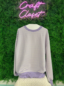 Barefoot Ladies #1461 Purple Stripe Loose Drop Shoulder Long Sleeve Top