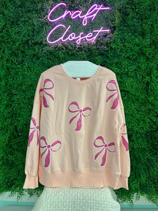 Barefoot Ladies #1457 Apricot Pink Sequined Bowknot Drop Shoulder Oversized Sweatshirt