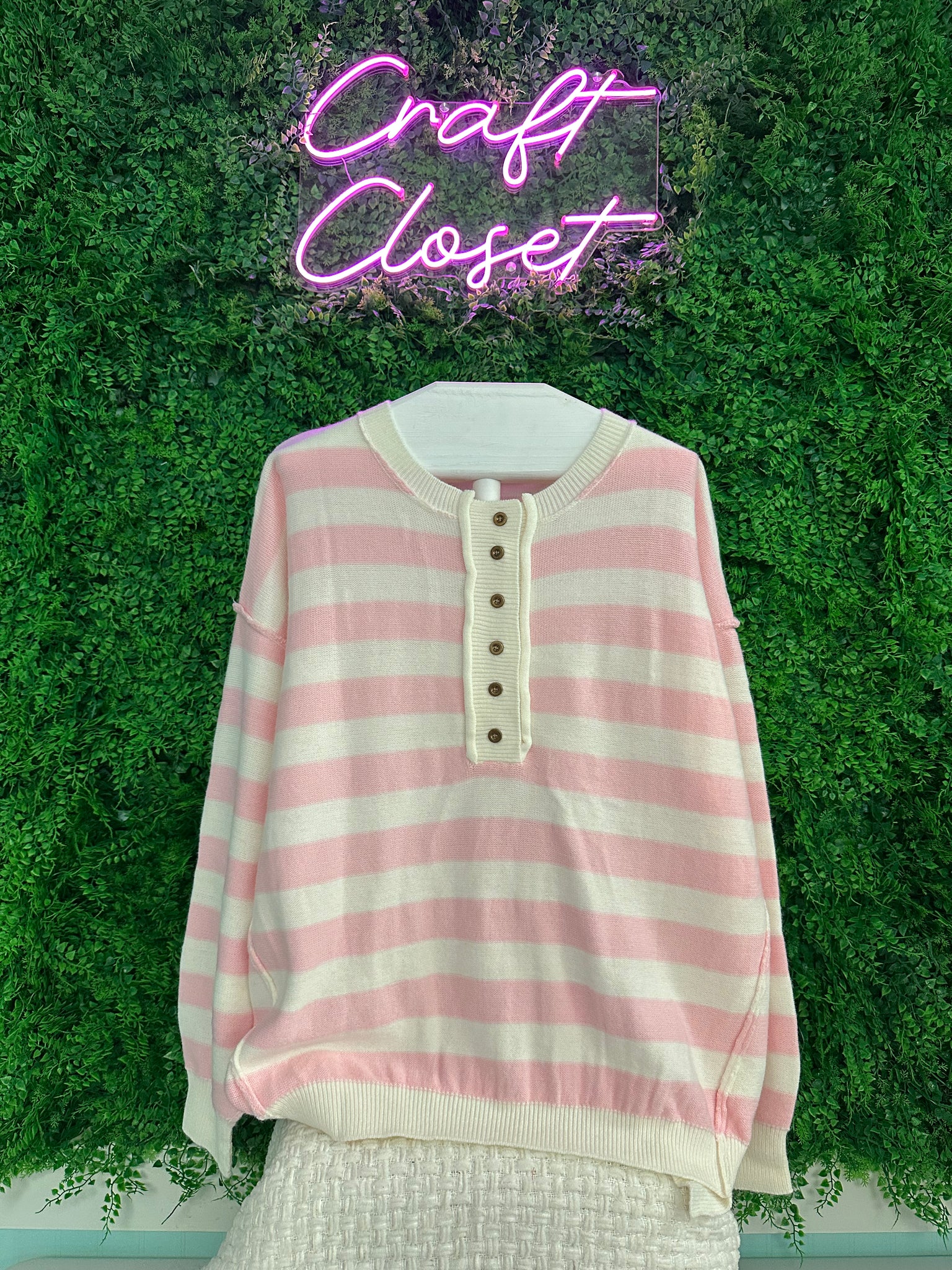 Barefoot Ladies #1454 Pink Stripe Half Buttons Drop Shoulder Sweater