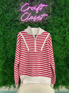 Barefoot Ladies #1483 Pink Stripe Zip Up Collar Drop Shoulder Sweater