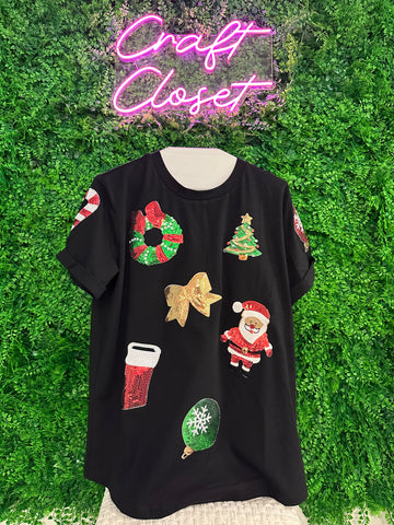 Barefoot Ladies #1509 Black Sequin Christmas Essentials Graphic Crewneck T-Shirt