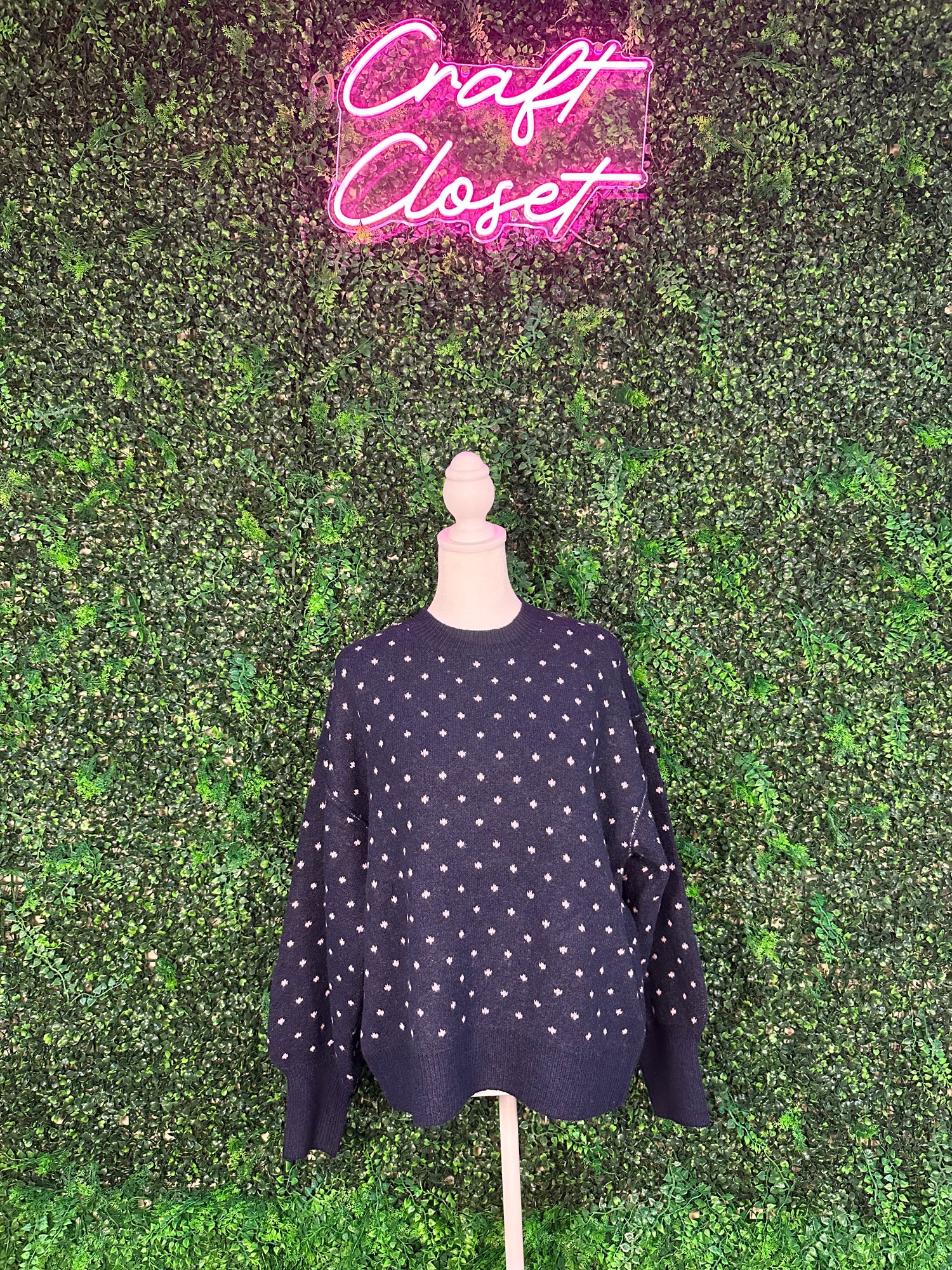 ENTRO Long Sleeve Polka Dot Sweater In Navy