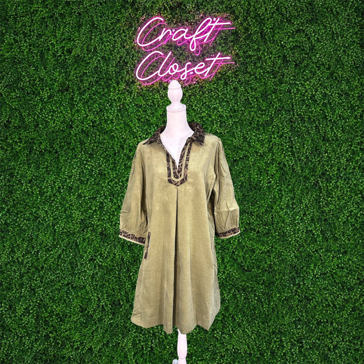 UMGEE V-Neck Shirt Dress With Contrast Leopard Trim In Olive PLUS Sizes