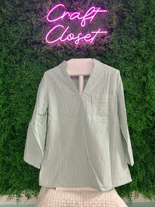 Barefoot Ladies #1551 Green Stripe V Neck Roll Up Sleeve Pocket Patched Classic Shirt