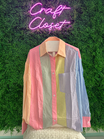 Barefoot Ladies #1543 Pink Stripe Color Block Chest Pocket Oversized Shirt