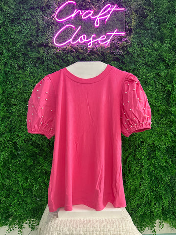 Barefoot Ladies #1553 Bright Pink Ribbed Pearl Beaded Puff Sleeve Top