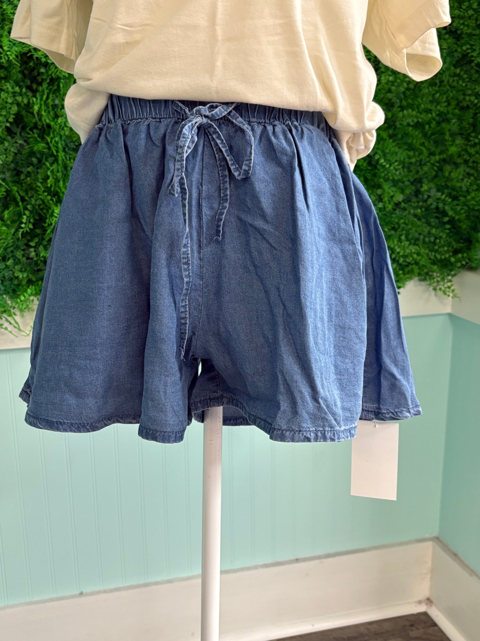 Barefoot Ladies #1591 Dusk Blue Drawstring Elastic Waist Wide Leg Denim Shorts