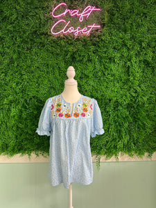 Barefoot Ladies #1590 Sky Blue Floral Embroidered Puff Sleeve Notched V Neck Blouse