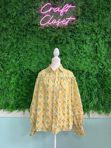 Barefoot Ladies #1593 Green Boho Floral Print Frilly Detail Puff Sleeve Shirt