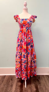 Barefoot Ladies #1109 Pink Floral Print Sleeveless Ruffle Tiered Maxi Dress