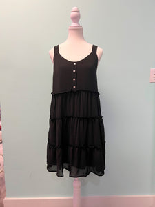 Barefoot Ladies #1115 Black Button V Neck Frilly Tiered Sleeveless Dress