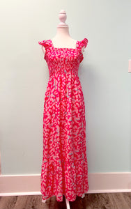 Barefoot Ladies #1126 Pink Leopard Ruffle Straps High Waist Long Dress