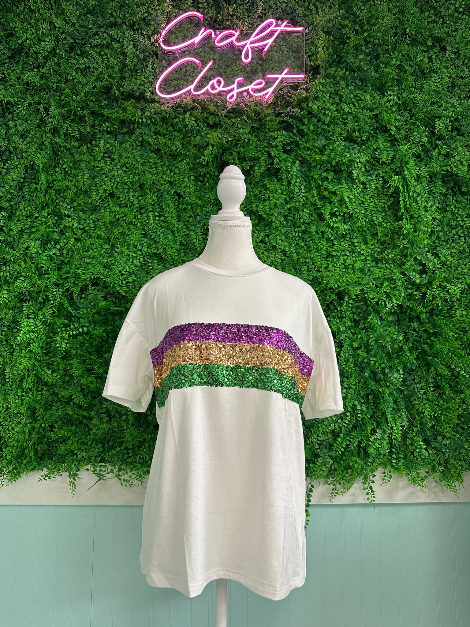 Barefoot Ladies #1599 White Sequin Stripes Patchwork Mardi Gras Crew Neck T Shirt