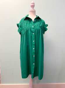 Barefoot Ladies Clothing #1177 Bright Green Shirred Ruffle Sleeve Button Up Short Dress