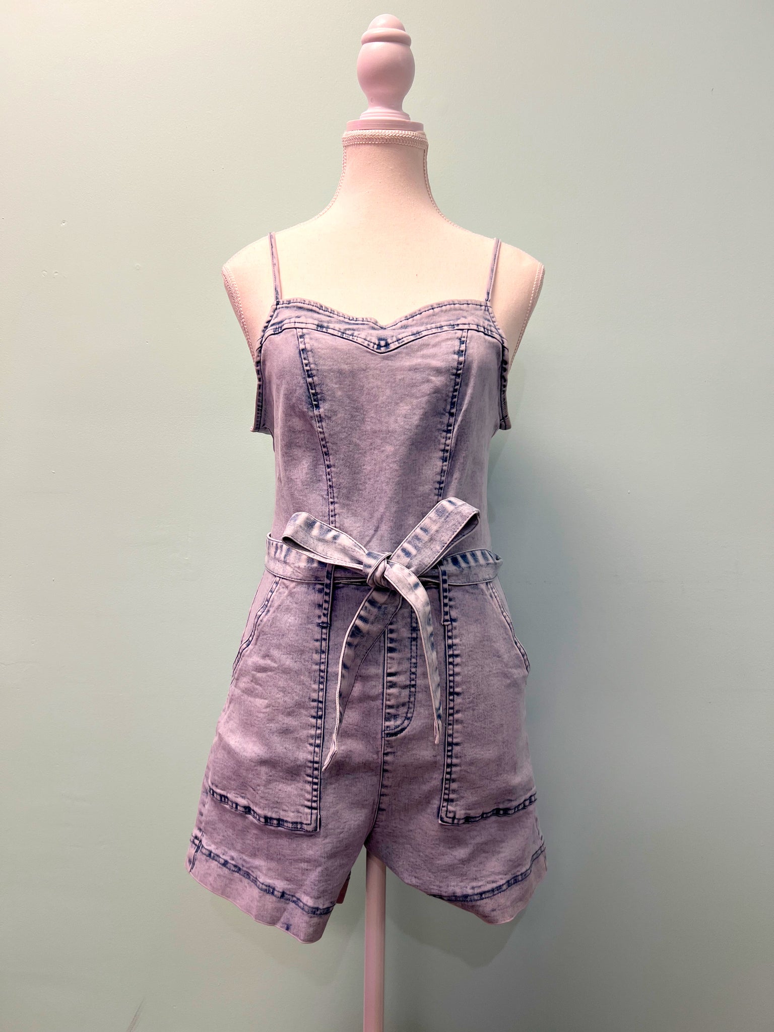 Barefoot Ladies Clothing #1168 Beau Blue Spaghetti Straps Belted Denim Romper