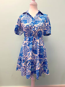 Barefoot Ladies Clothing #1163 Sky Blue Floral Print Drawstring Waist Ruffled Mini Dress
