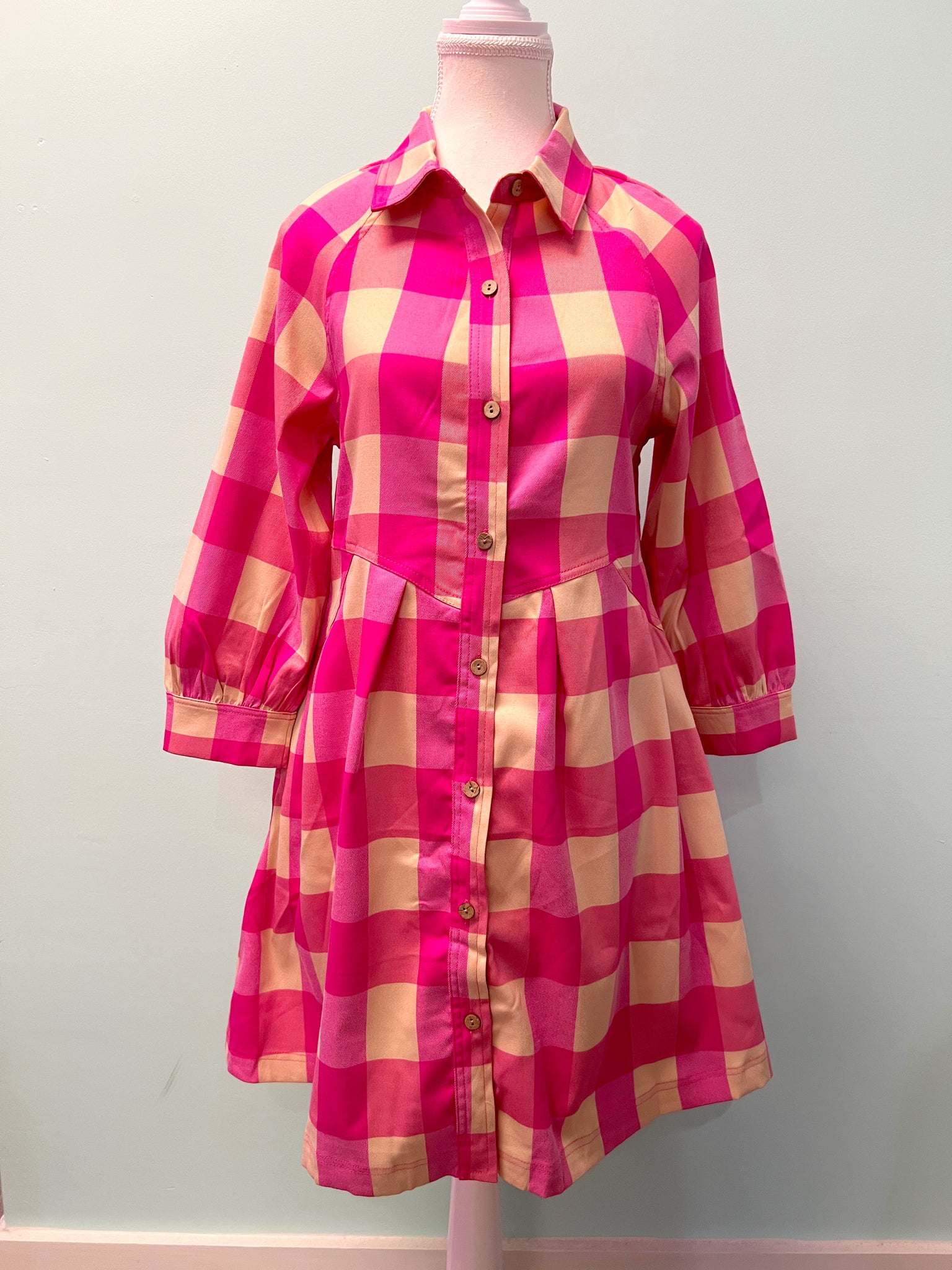 Barefoot Ladies Clothing #1191 Rose Red Plaid Collared Bracelet Sleeve Shirt Flare Mini Dress