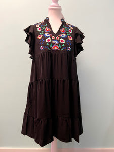 Barefoot Ladies Clothing #1169 Black Floral Embroidered Tiered Rufled Mini Dress