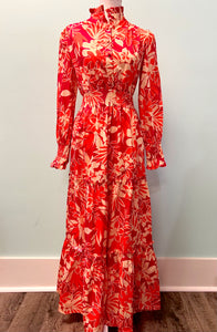 Barefoot Ladies Clothing #1186 Rose Floral Print Buttoned Smocked High Waist Maxi Dress