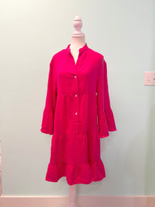 Barefoot Ladies Clothing #1198 Rose Crinkled Tiered Split Neck Shirt Dress