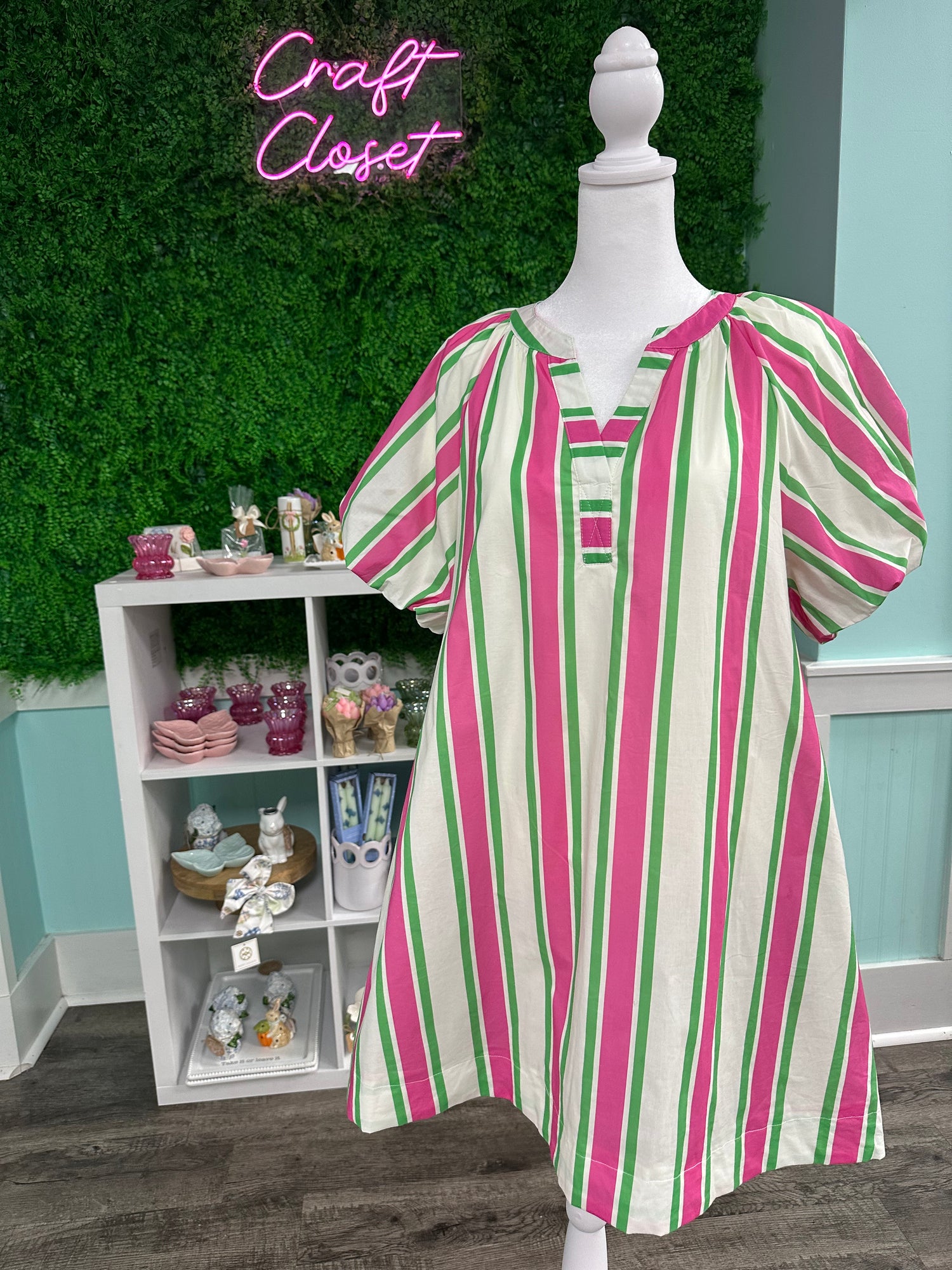 ENTRO Multi Stripe Mini Dress In Cream Green