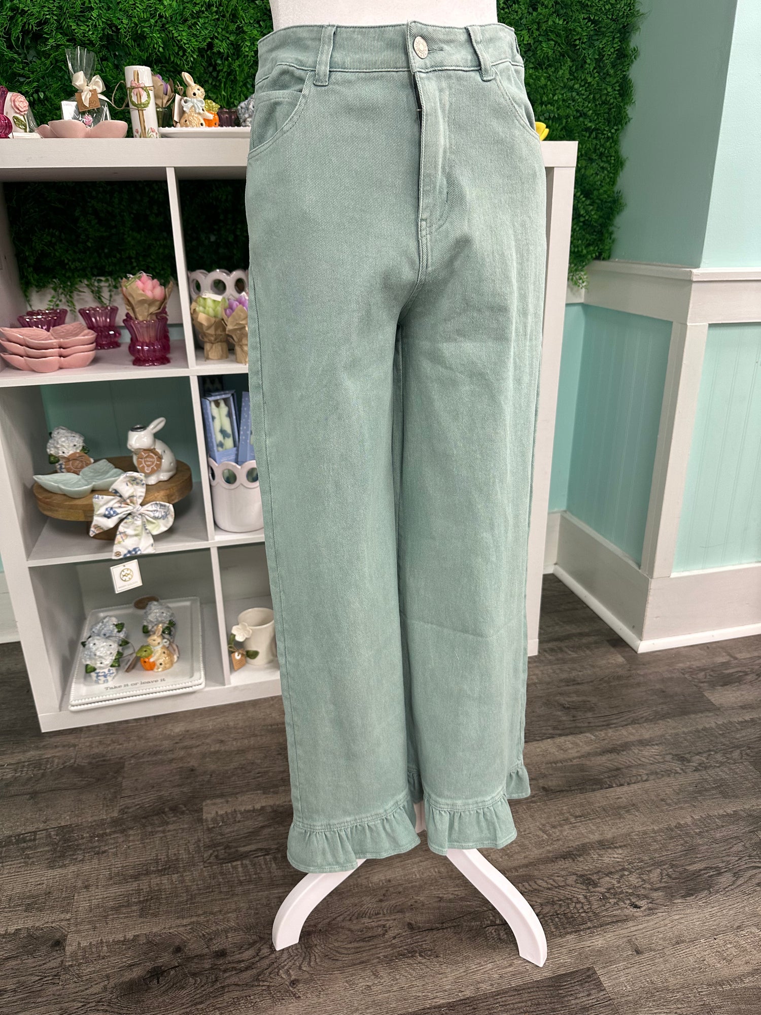 ENTRO Ruffle Bottom Pants In Seafoam