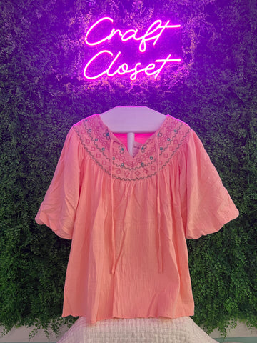 Barefoot Ladies Clothing #1239 Apricot Pink Geometric Embroidered V Neck Puff Sleeve Blouse