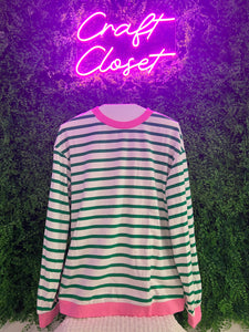 Barefoot Ladies Clothing #1237 Bright Green Striped Contrast Edge Long Sleeve Top