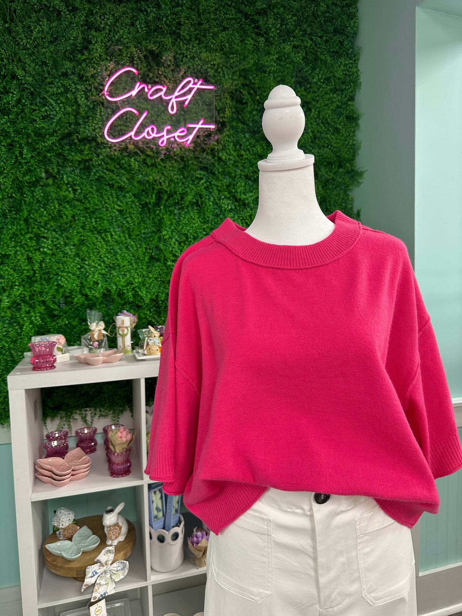 ENTRO Solid Raglan 3/4 Sleeve Sweater Top In Pink