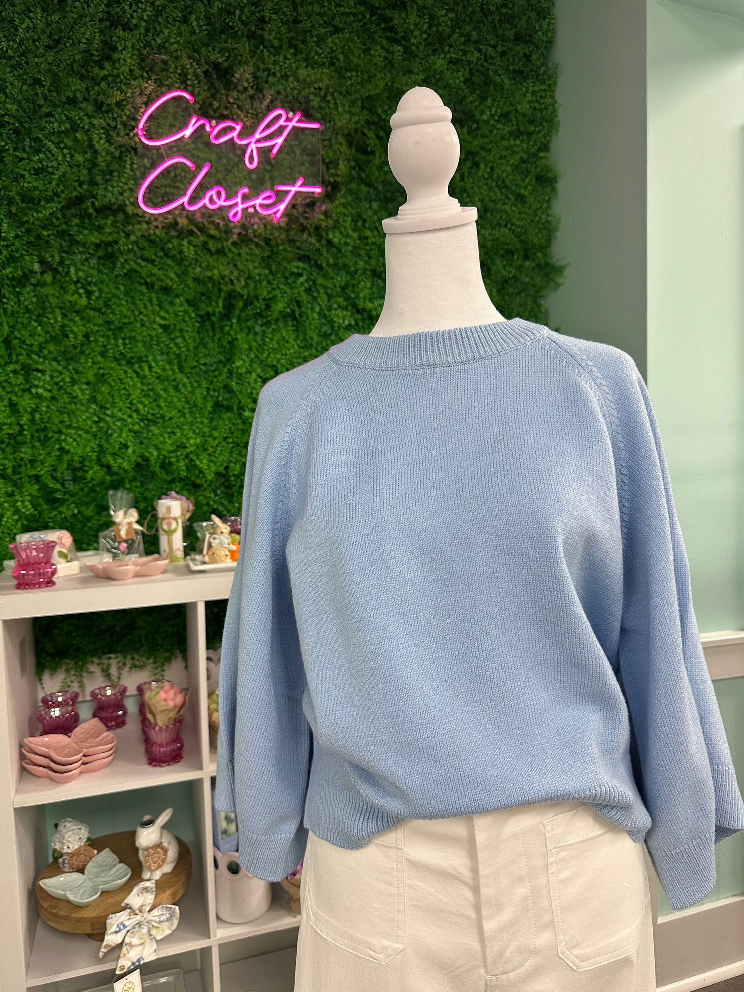 ENTRO Solid Raglan 3/4 Sleeve Sweater Top In Light Blue *FINAL SALE*