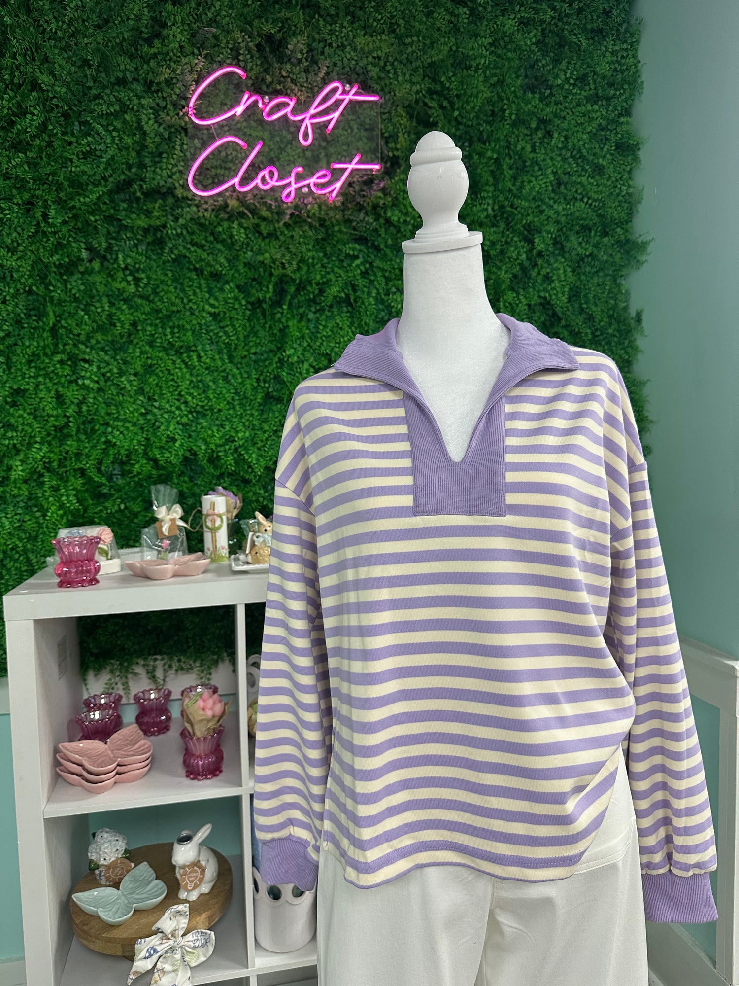 Entro Striped Long Sleeve Knit Top With Contrast Collar In Lavender *FINAL SALE*
