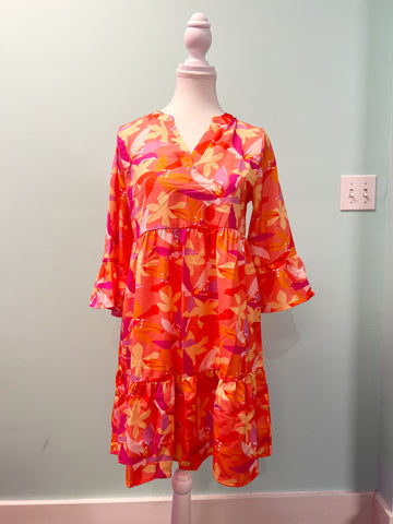 Barefoot Ladies Clothing #1254 Orange Abstract Print Ruffled Sleeve V Neck Dress