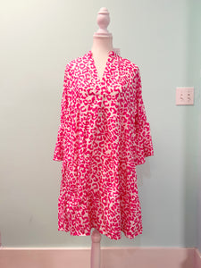 Barefoot Ladies Clothing #1257 Bright Pink Leopard Long Sleeve Buttoned Front Mini Dress