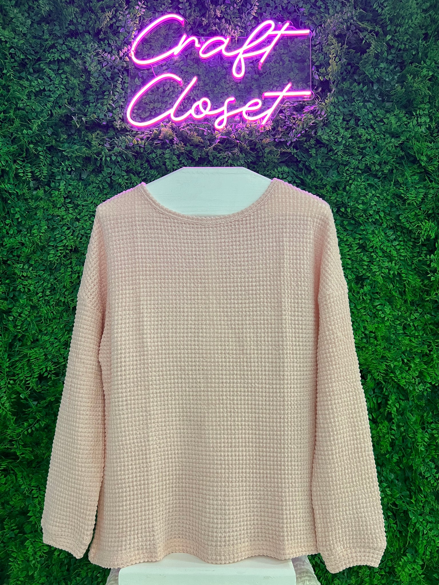 Barefoot Ladies #1307 Light Pink Waffle Knit Drop Shoulder Long Sleeve Top