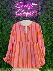 Barefoot Ladies #1271 Orange Stripe Crinckled Ruffle Sleeve Button Up