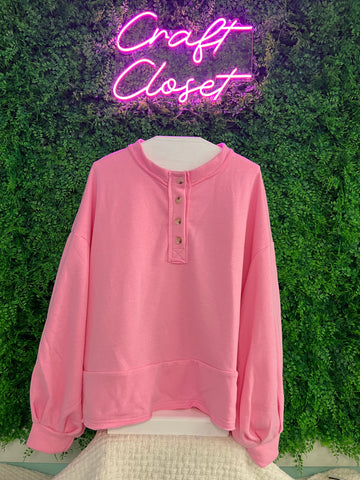 Barefoot Ladies #1275 Sachet Pink Solid Buttoned Neckline Loose Sweatshirt