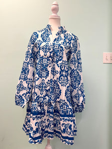 Barefoot Ladies Clothing #1270 Sky Blue Tribal Print Button Up Notch Neck Losse Mini Dress