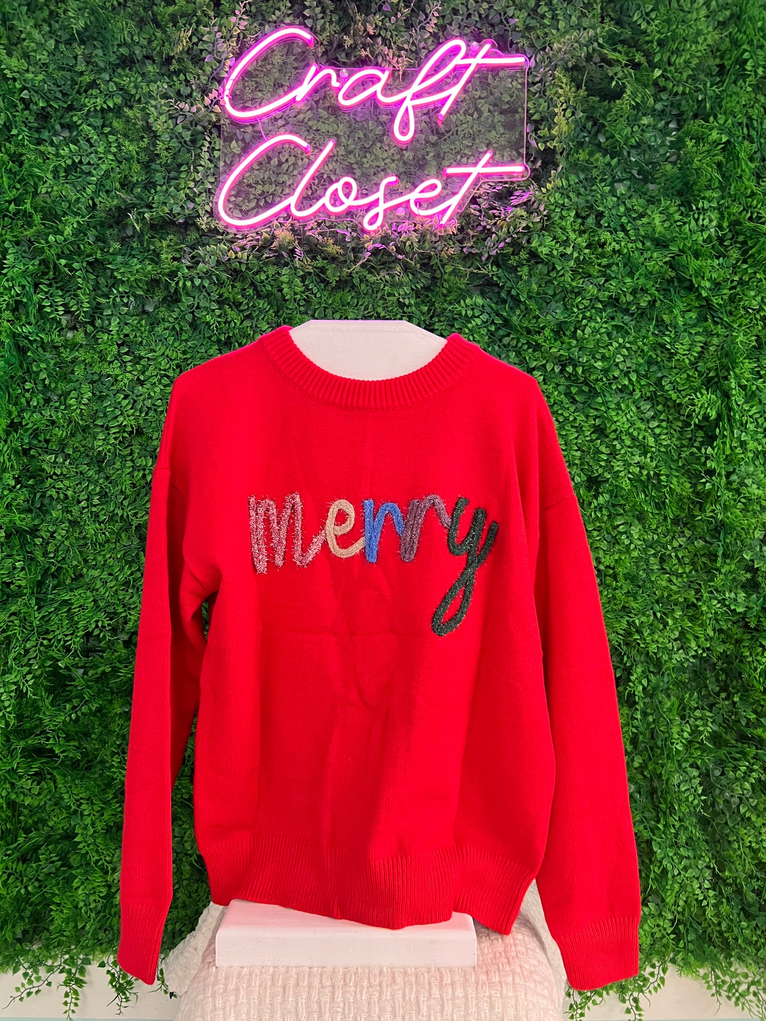 Barefoot Ladies #1330 Firey Red Tinsel Merry Letter Drop Shoulder Baggy Sweater