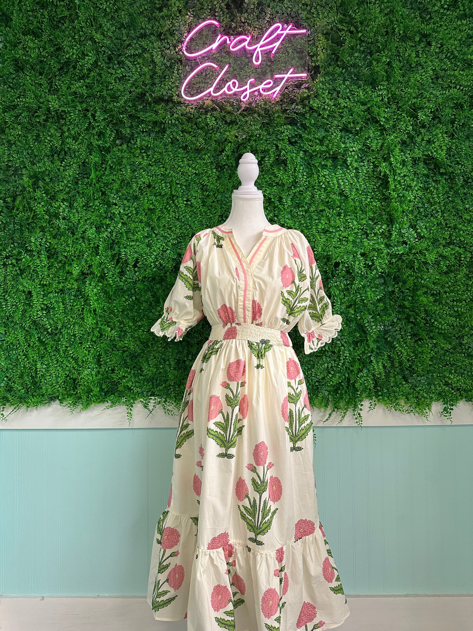 Umgee V Neck Floral Print Cream Dress