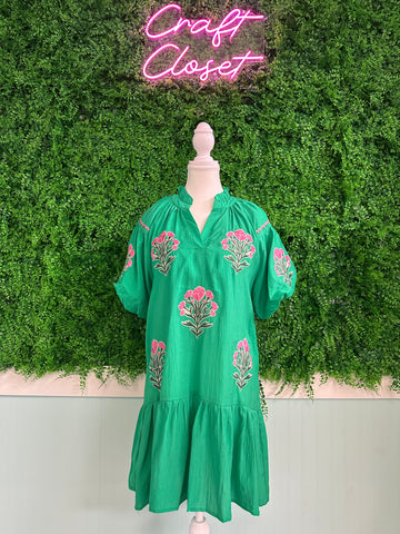 Umgee Boho Floral Embroidered Green Mini Dress