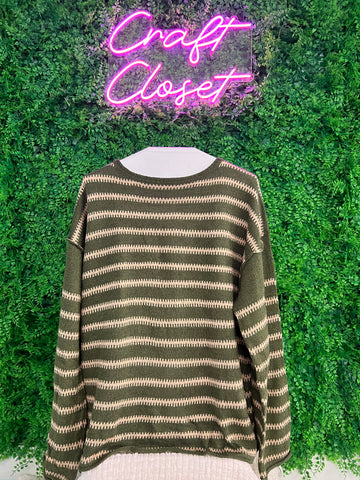 Barefoot Ladies #1359 Green Stripe Drop Shoulder Casual Sweater